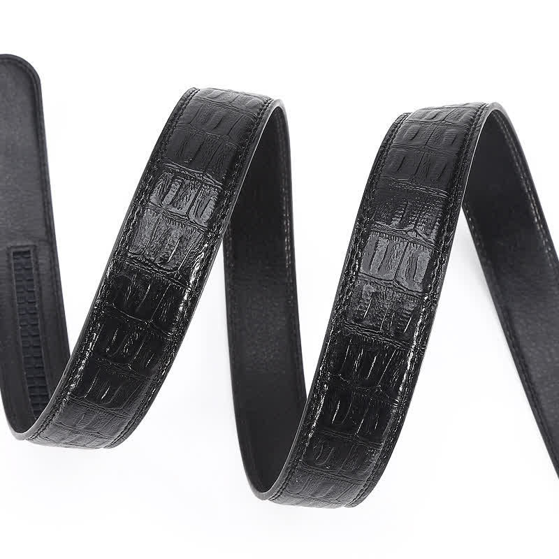 Cinturón de piel con hebilla automática y estampado de cocodrilo en color negro y plateado para hombre