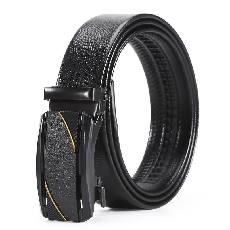 Cinturón de cuero con hebilla automática y línea dorada negra completa para hombre