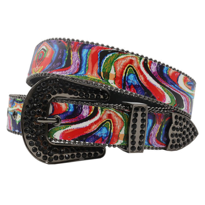 Cinturón de cuero con hebilla y diamantes de imitación con estampado de arcoíris y grafiti