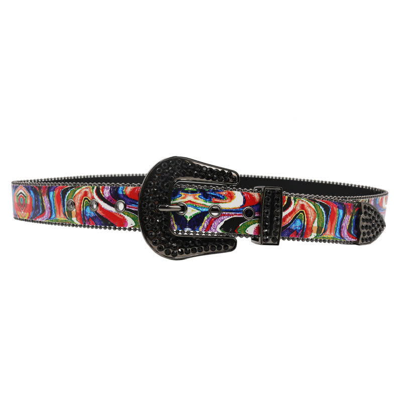 Cinturón de cuero con hebilla y diamantes de imitación con estampado de arcoíris y grafiti