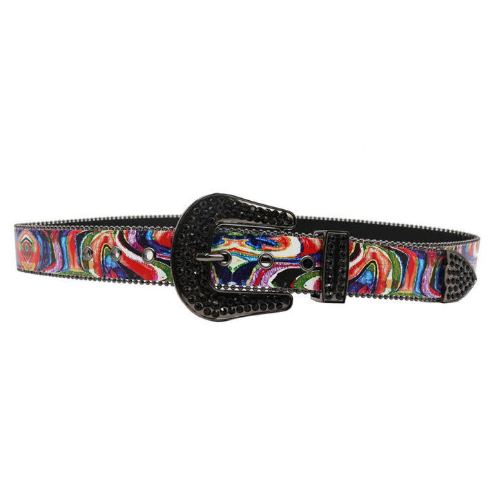 Cinturón de cuero con hebilla y diamantes de imitación con estampado de arcoíris y grafiti