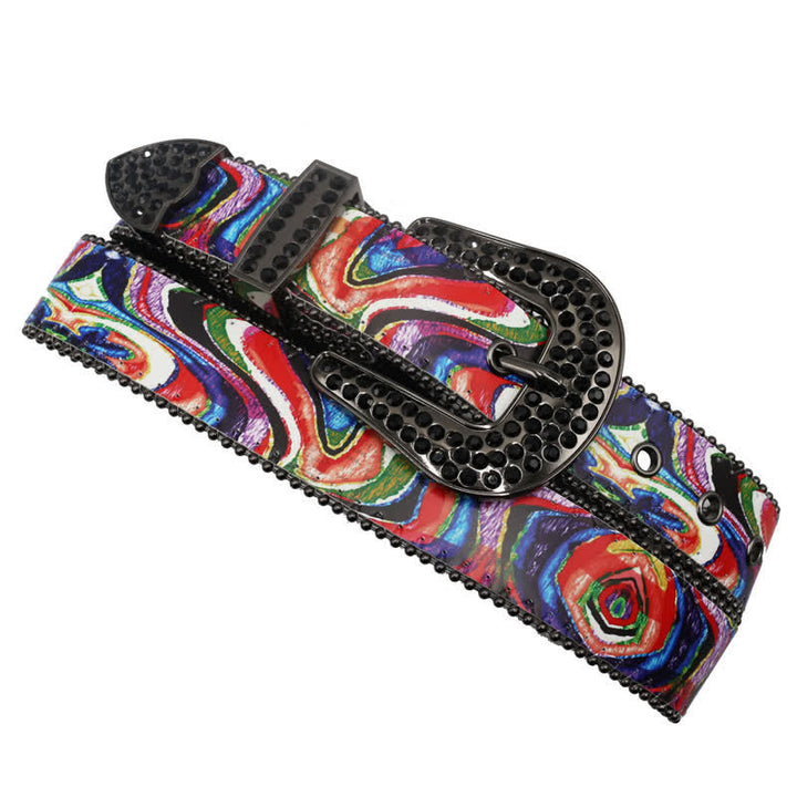 Cinturón de cuero con hebilla y diamantes de imitación con estampado de arcoíris y grafiti