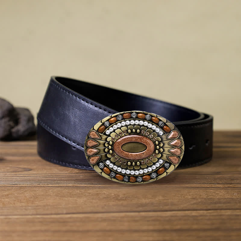 Cinturón de cuero con hebilla de cuentas de madera de la India para hombre hecho a mano