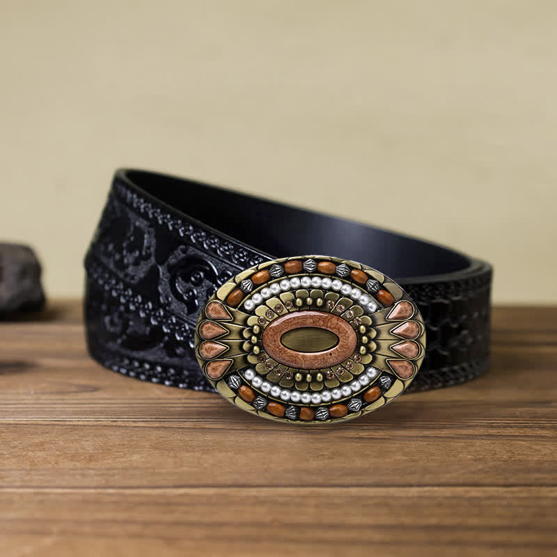 Cinturón de cuero con hebilla de cuentas de madera de la India para hombre hecho a mano