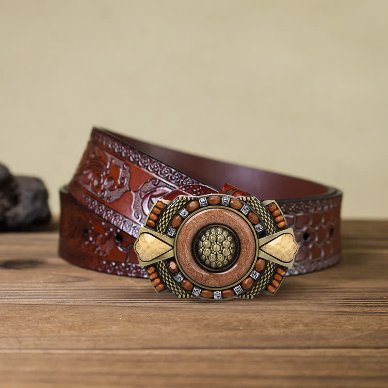 Cinturón de cuero con hebilla de cuentas de madera de la India para hombre hecho a mano