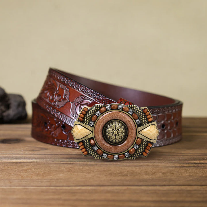 Cinturón de cuero con hebilla de cuentas de madera de la India para hombre hecho a mano