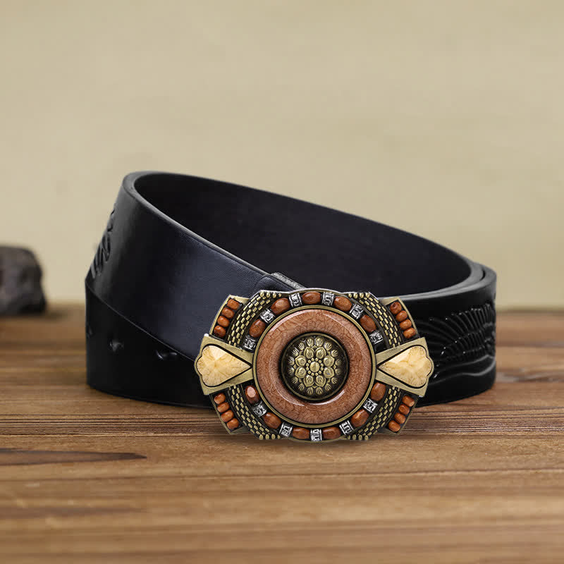 Cinturón de cuero con hebilla de cuentas de madera de la India para hombre hecho a mano