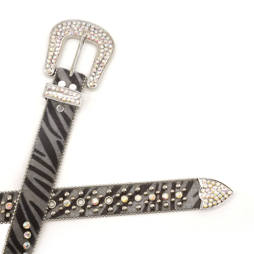 Cinturón unisex de piel con estampado de cebra y diamantes de imitación