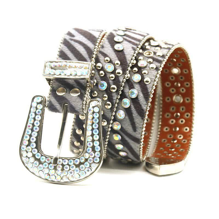 Cinturón unisex de piel con estampado de cebra y diamantes de imitación
