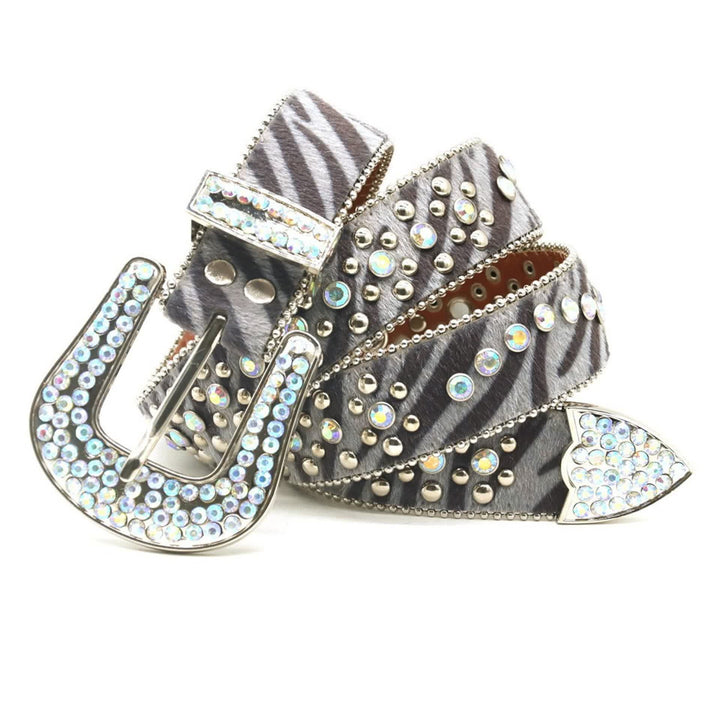 Cinturón unisex de piel con estampado de cebra y diamantes de imitación