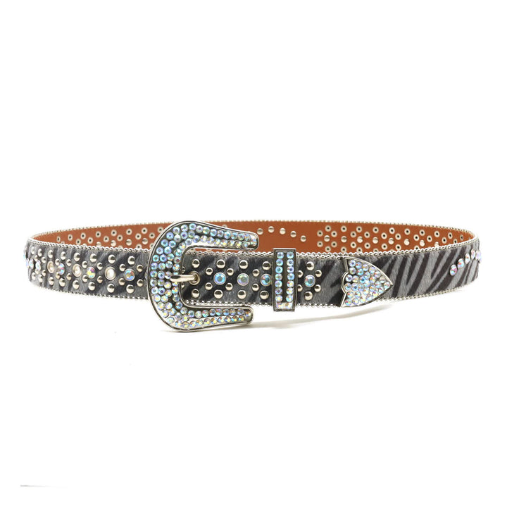 Cinturón unisex de piel con estampado de cebra y diamantes de imitación