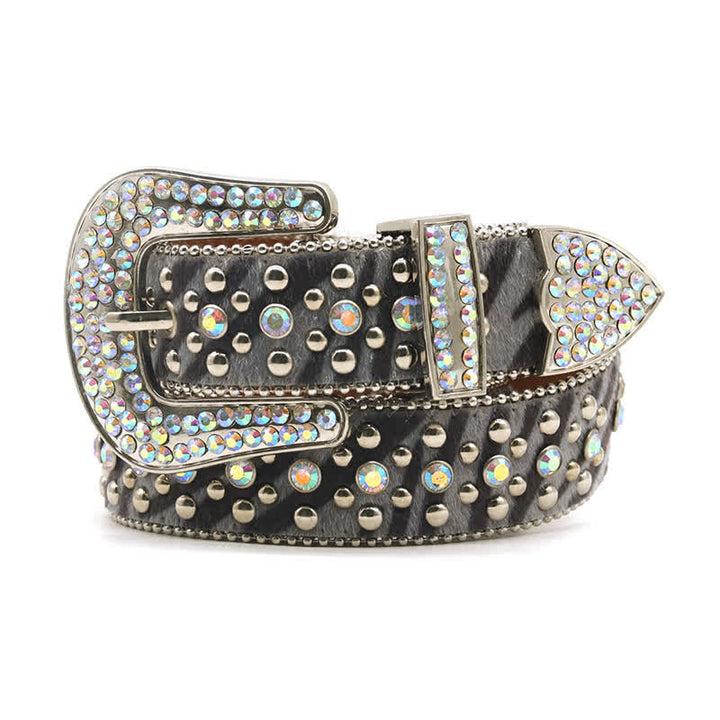 Cinturón unisex de piel con estampado de cebra y diamantes de imitación