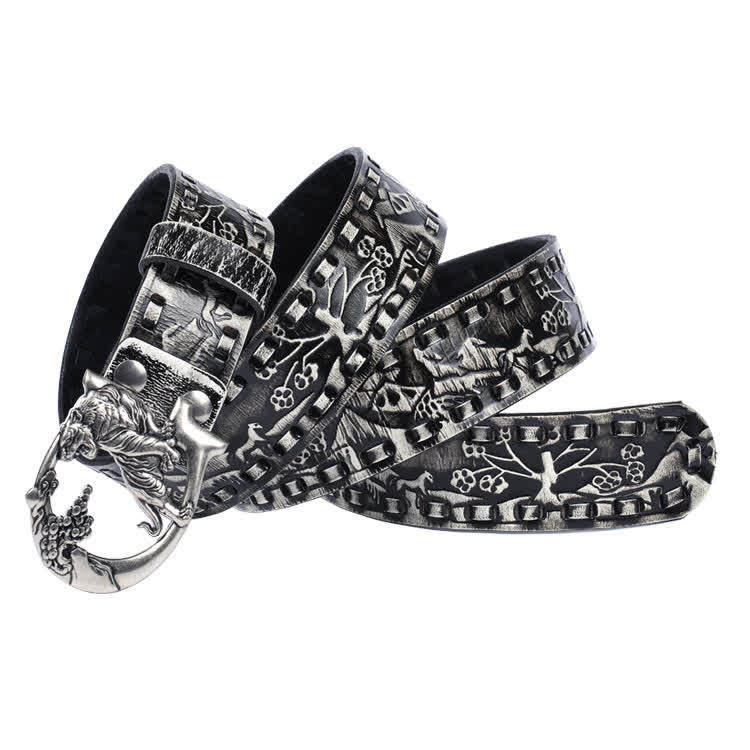 Cinturón de cuero unisex con hebilla grabada y diseño retro de tigres