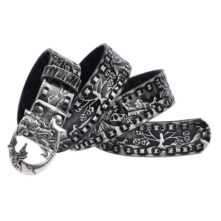 Cinturón de cuero unisex con hebilla grabada y diseño retro de tigres