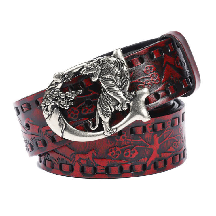 Cinturón de cuero unisex con hebilla grabada y diseño retro de tigres