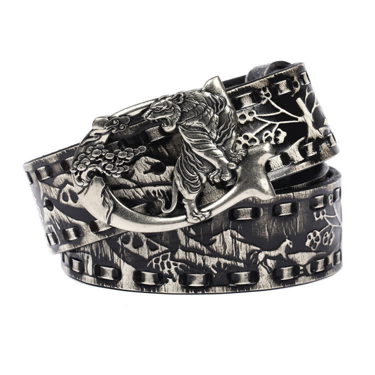 Cinturón de cuero unisex con hebilla grabada y diseño retro de tigres