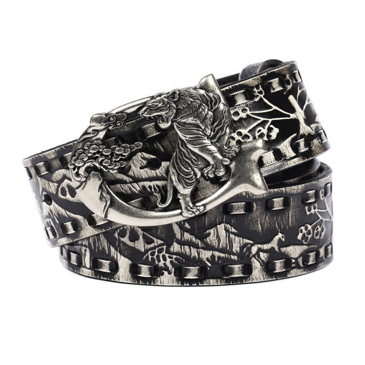 Cinturón de cuero unisex con hebilla grabada y diseño retro de tigres
