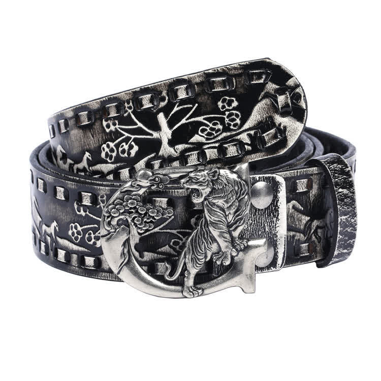 Cinturón de cuero unisex con hebilla grabada y diseño retro de tigres