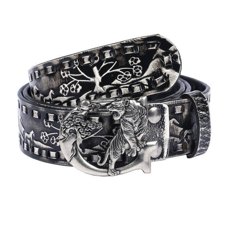 Cinturón de cuero unisex con hebilla grabada y diseño retro de tigres