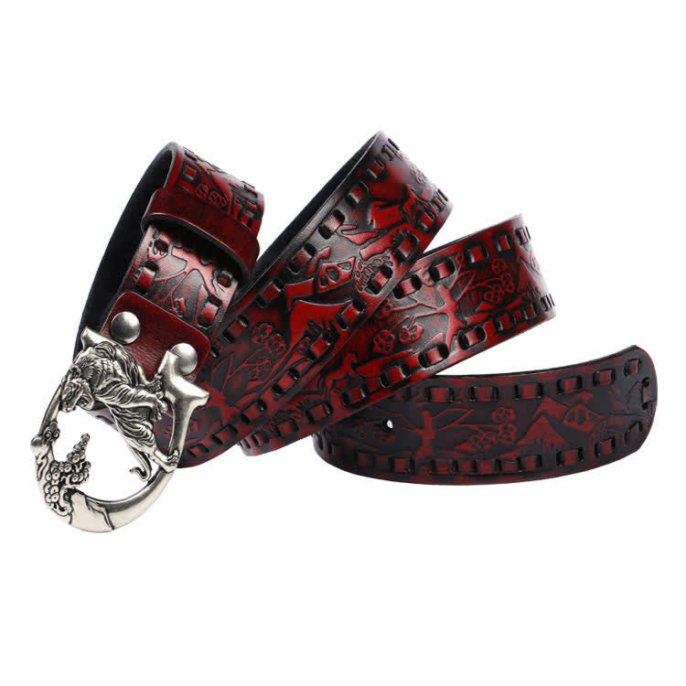 Cinturón de cuero unisex con hebilla grabada y diseño retro de tigres