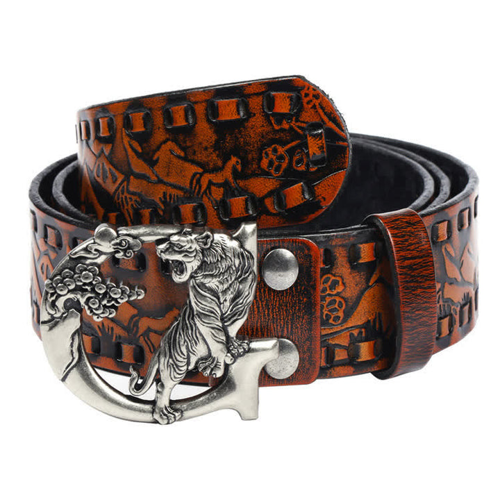 Cinturón de cuero unisex con hebilla grabada y diseño retro de tigres