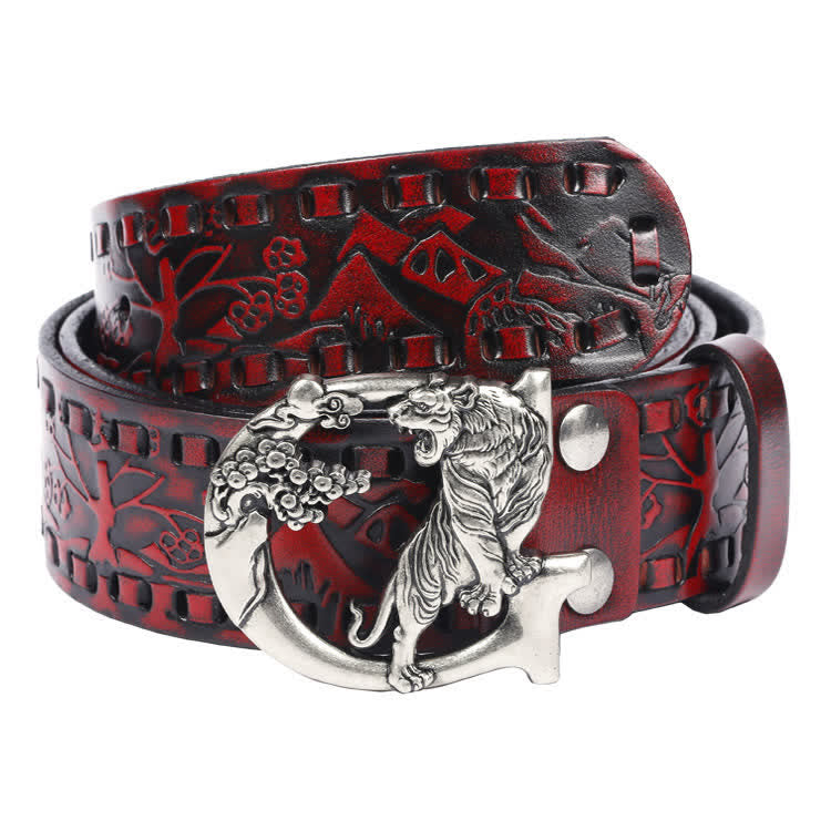 Cinturón de cuero unisex con hebilla grabada y diseño retro de tigres