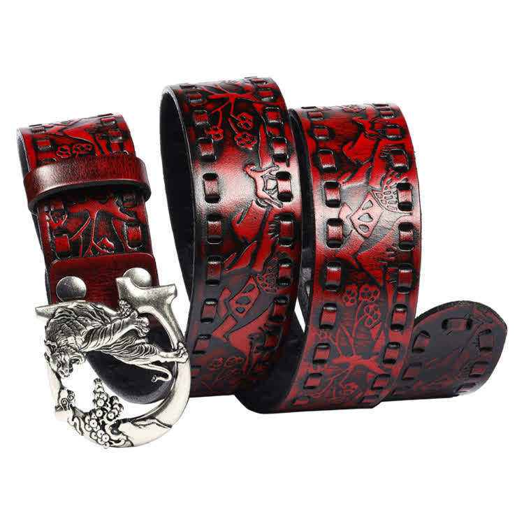 Cinturón de cuero unisex con hebilla grabada y diseño retro de tigres