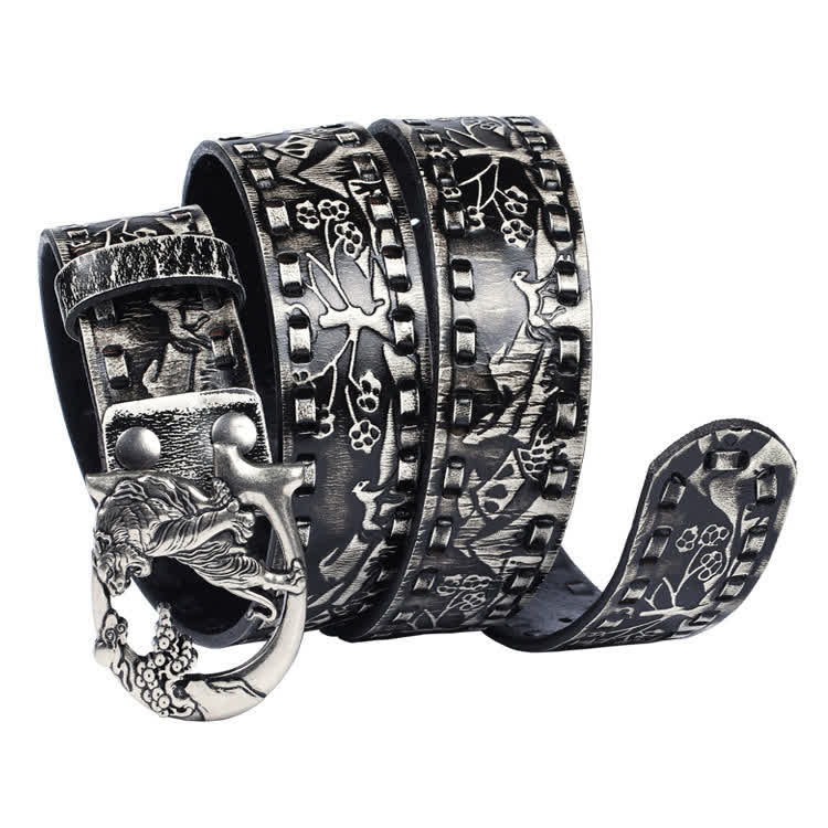 Cinturón de cuero unisex con hebilla grabada y diseño retro de tigres