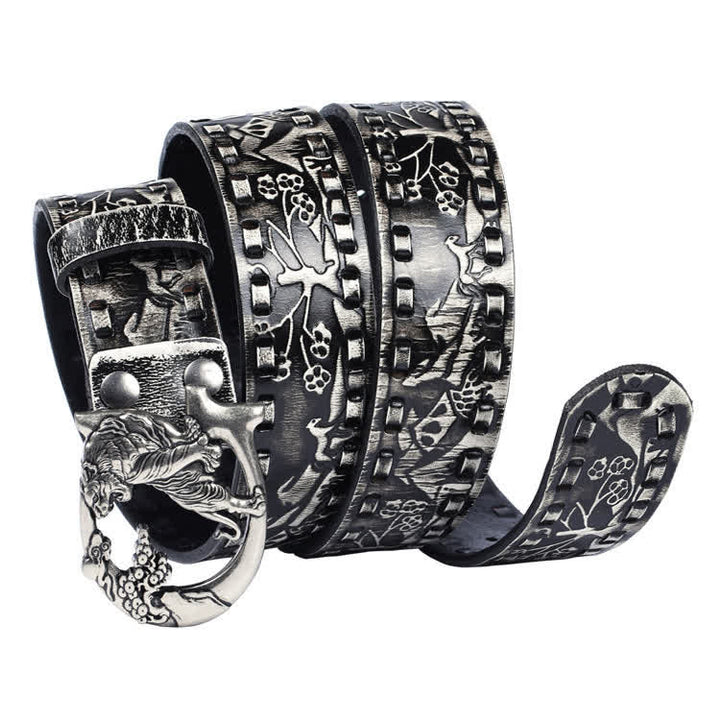 Cinturón de cuero unisex con hebilla grabada y diseño retro de tigres