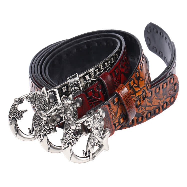 Cinturón de cuero unisex con hebilla grabada y diseño retro de tigres