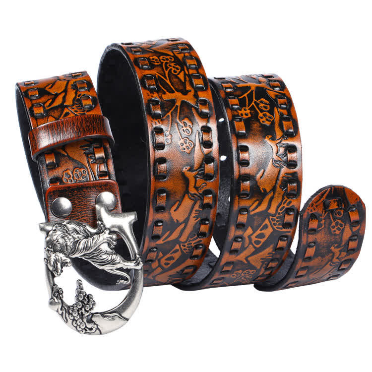 Cinturón de cuero unisex con hebilla grabada y diseño retro de tigres