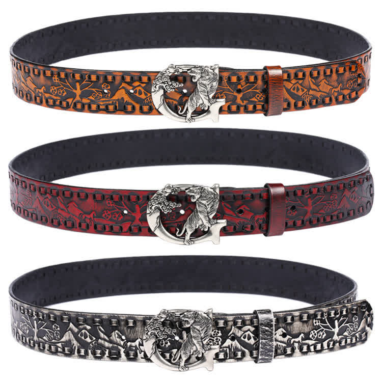 Cinturón de cuero unisex con hebilla grabada y diseño retro de tigres