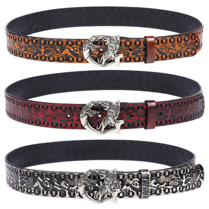 Cinturón de cuero unisex con hebilla grabada y diseño retro de tigres