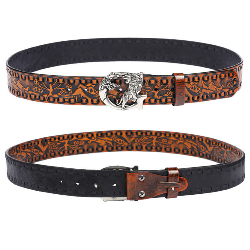 Cinturón de cuero unisex con hebilla grabada y diseño retro de tigres