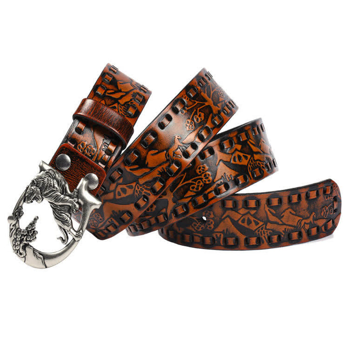 Cinturón de cuero unisex con hebilla grabada y diseño retro de tigres