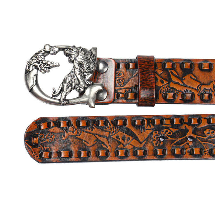 Cinturón de cuero unisex con hebilla grabada y diseño retro de tigres