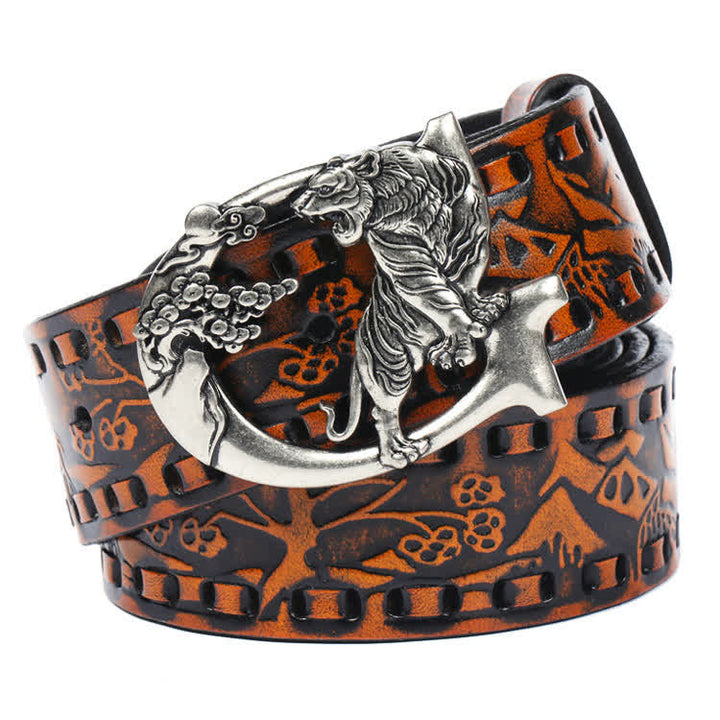 Cinturón de cuero unisex con hebilla grabada y diseño retro de tigres