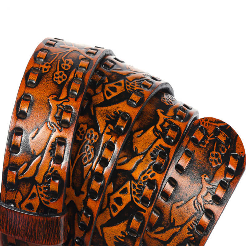 Cinturón de cuero unisex con hebilla grabada y diseño retro de tigres