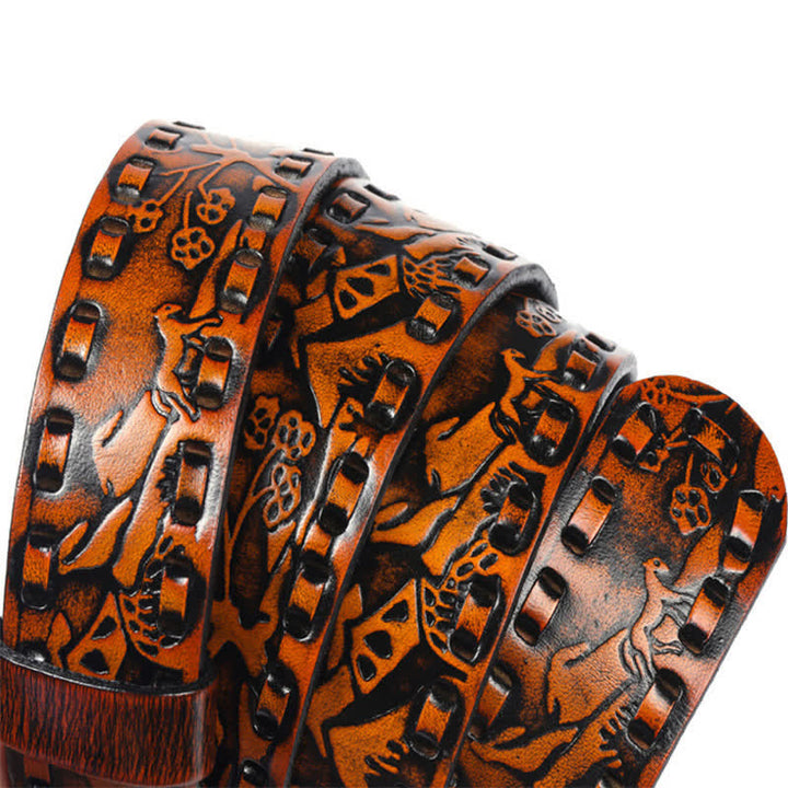 Cinturón de cuero unisex con hebilla grabada y diseño retro de tigres