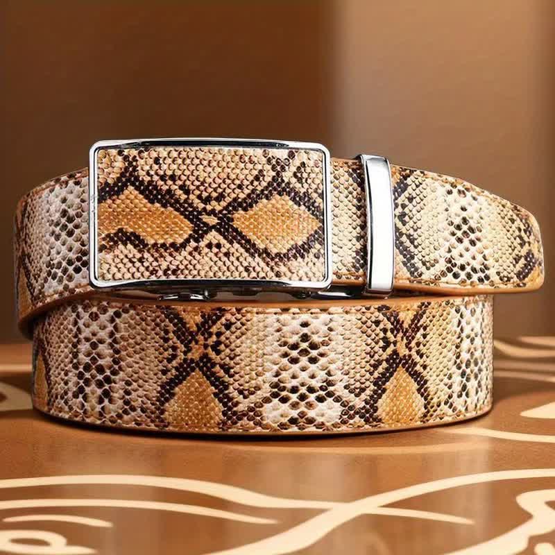 Cinturón de cuero con hebilla automática y diseño de piel de serpiente para hombre