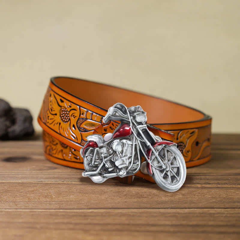 Cinturón de cuero con hebilla de motocicleta para hombre, hecho a mano