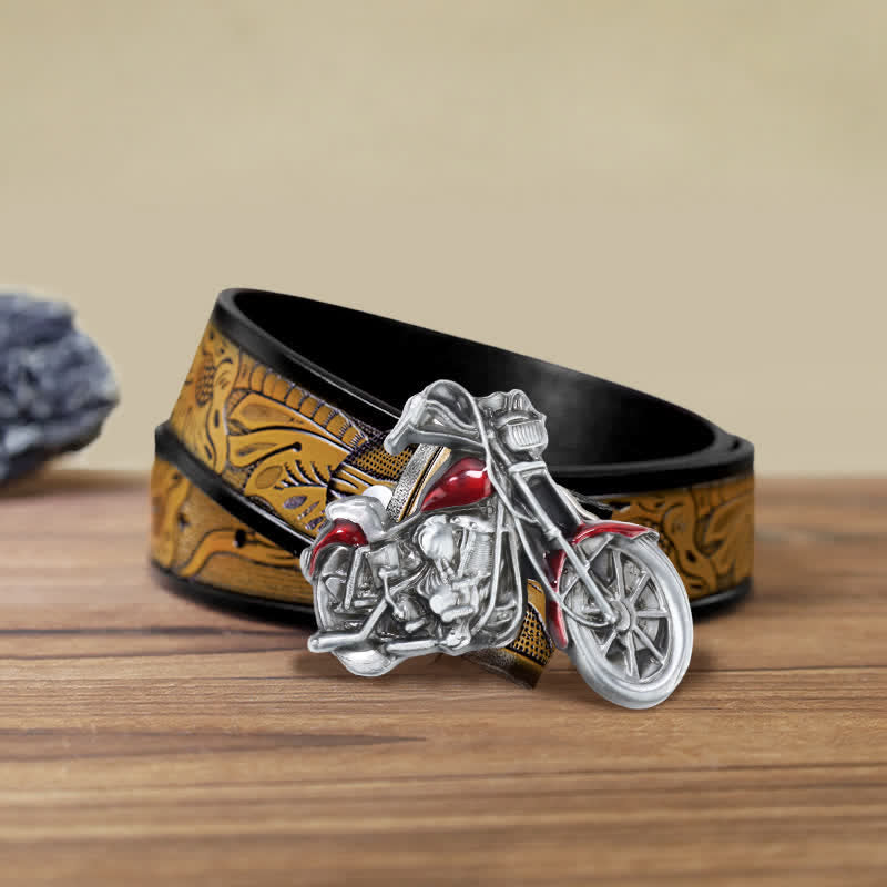 Cinturón de cuero con hebilla de motocicleta para hombre, hecho a mano
