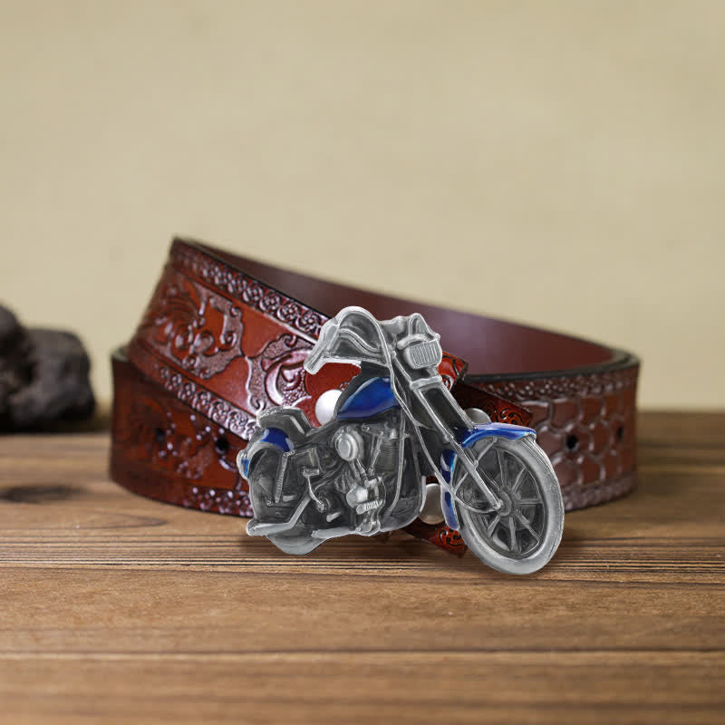 Cinturón de cuero con hebilla de motocicleta para hombre, hecho a mano