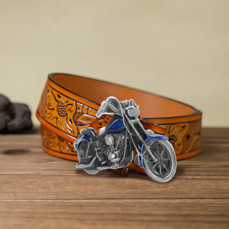 Cinturón de cuero con hebilla de motocicleta para hombre, hecho a mano