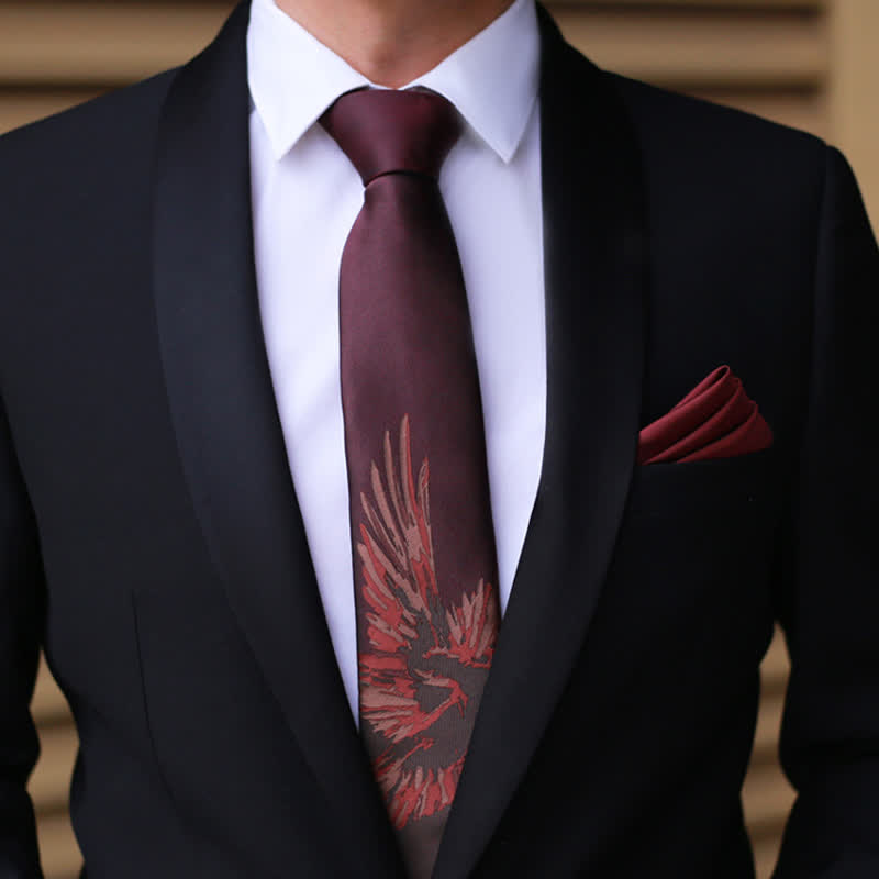 Corbata burdeos con estampado de fénix volador para hombre