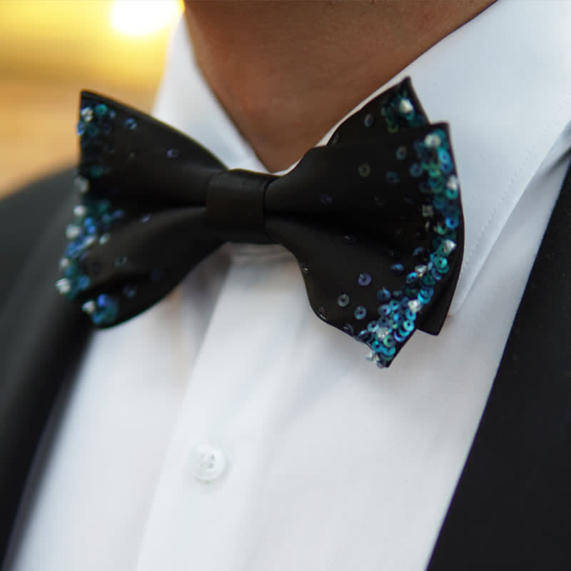 Pajarita negra con lentejuelas y brillo azul para hombre