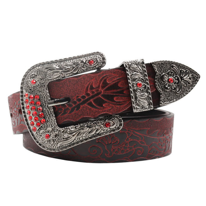 Cinturón de piel con dragón en relieve y hebilla floral para hombre