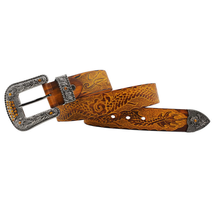 Cinturón de piel con dragón en relieve y hebilla floral para hombre