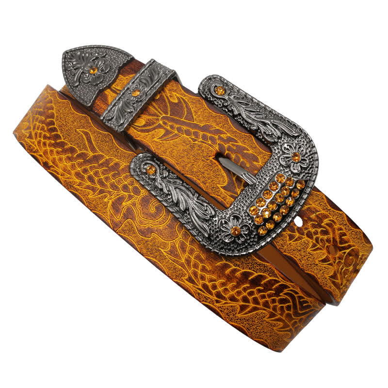 Cinturón de piel con dragón en relieve y hebilla floral para hombre