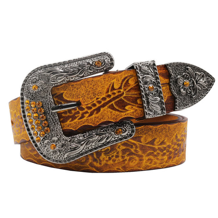 Cinturón de piel con dragón en relieve y hebilla floral para hombre